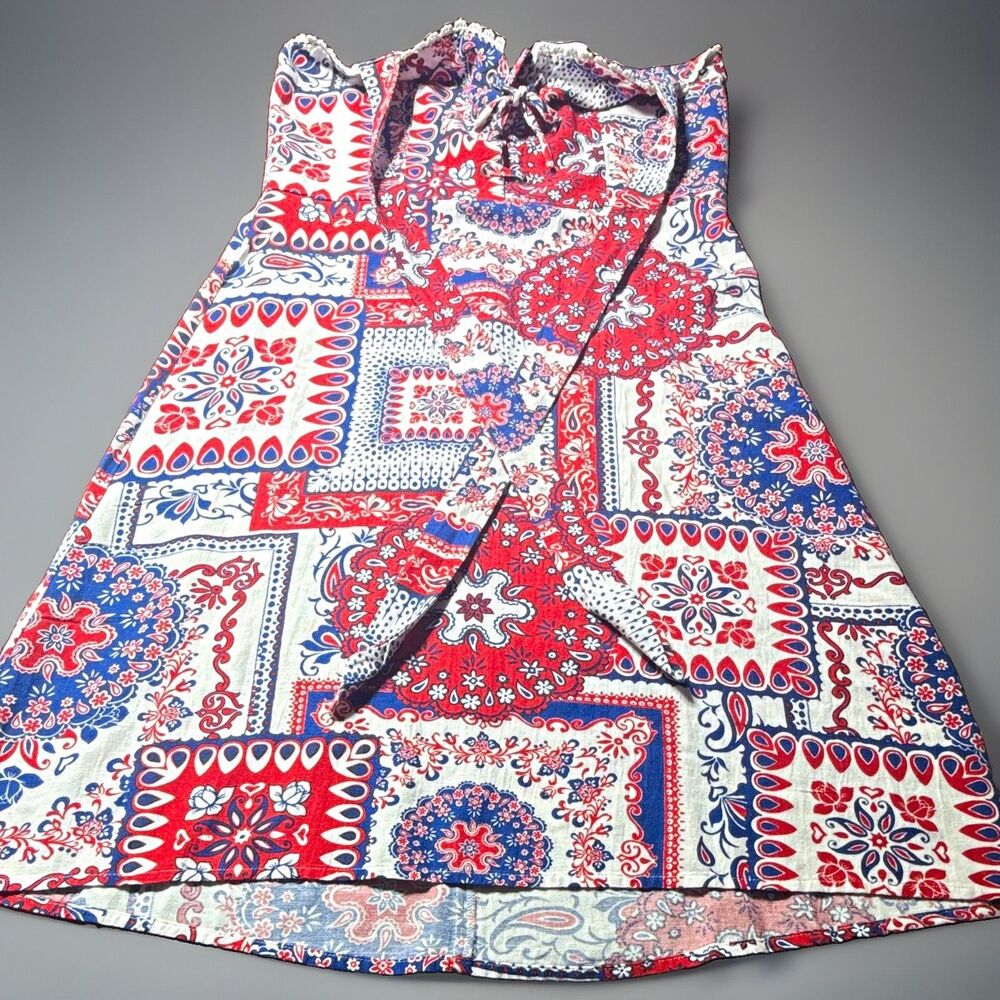 VENUS Red/White/Blue Paisley A-Line Short Dress Lace Tie Zip Adjustable M
